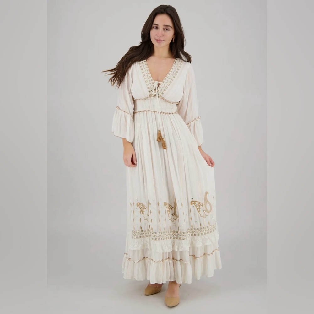 Cream Boho Ruffled Tiered Maxi Sundress with Bell Sleeves 25108 - Picture 3 of 4